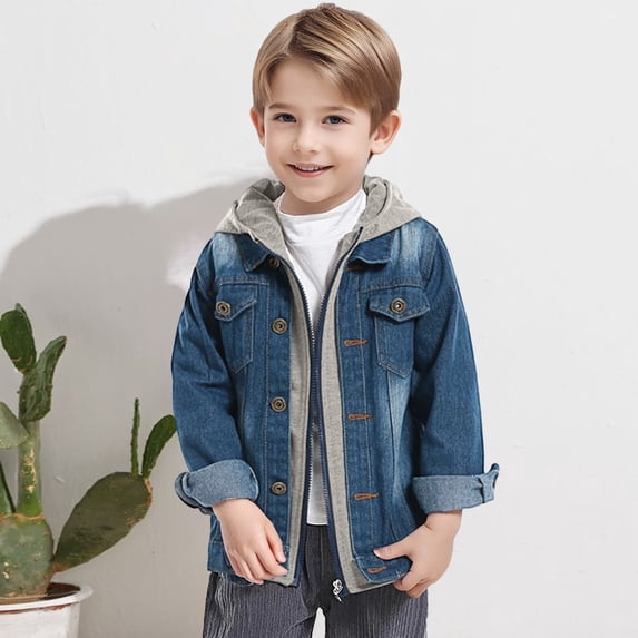 Ticikt Kids Faux Two-Piece Denim Jacket, Hooded Zip Up Casual Outerwear Boys Girls Autumn Winter Jean Coat,Grey,8-9 Years