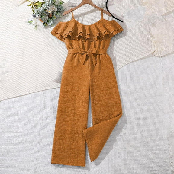 hengsof Toddler Girls Jumpsuit Off Shoulder Ruffled Sleeveless Bow Tie Straight Wide Leg Pants Jumpsuit Suitable for Children Aged 8-13 Years