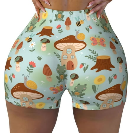 Workout Shorts Women  Mushroom House Insect Frog Biker Shorts for Women Running Gym Spandex Shorts Tummy Control