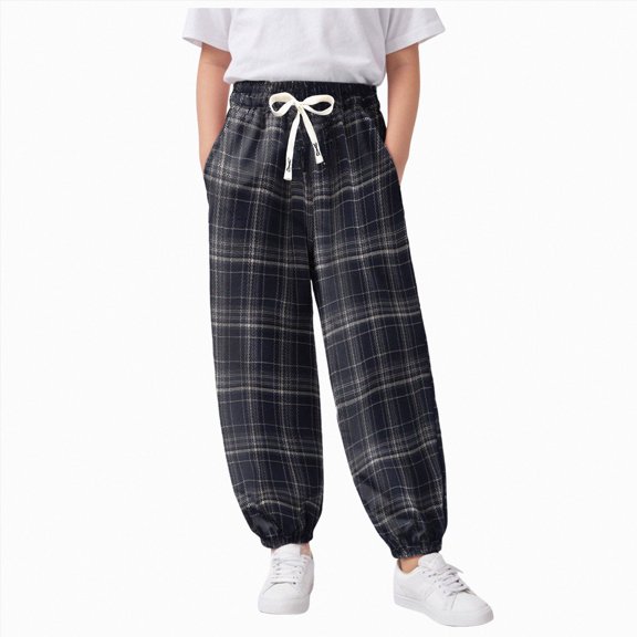 1-2T Toddler Boys Girls Plaid Jogger Pants, Kids Drawstring Elastic Waist Retro Lantern Trousers with Side Pockets, Loose Casual Bottoms for 6-24 Months 2T 3T 4T 5T 6T 7T 8T Children,Black
