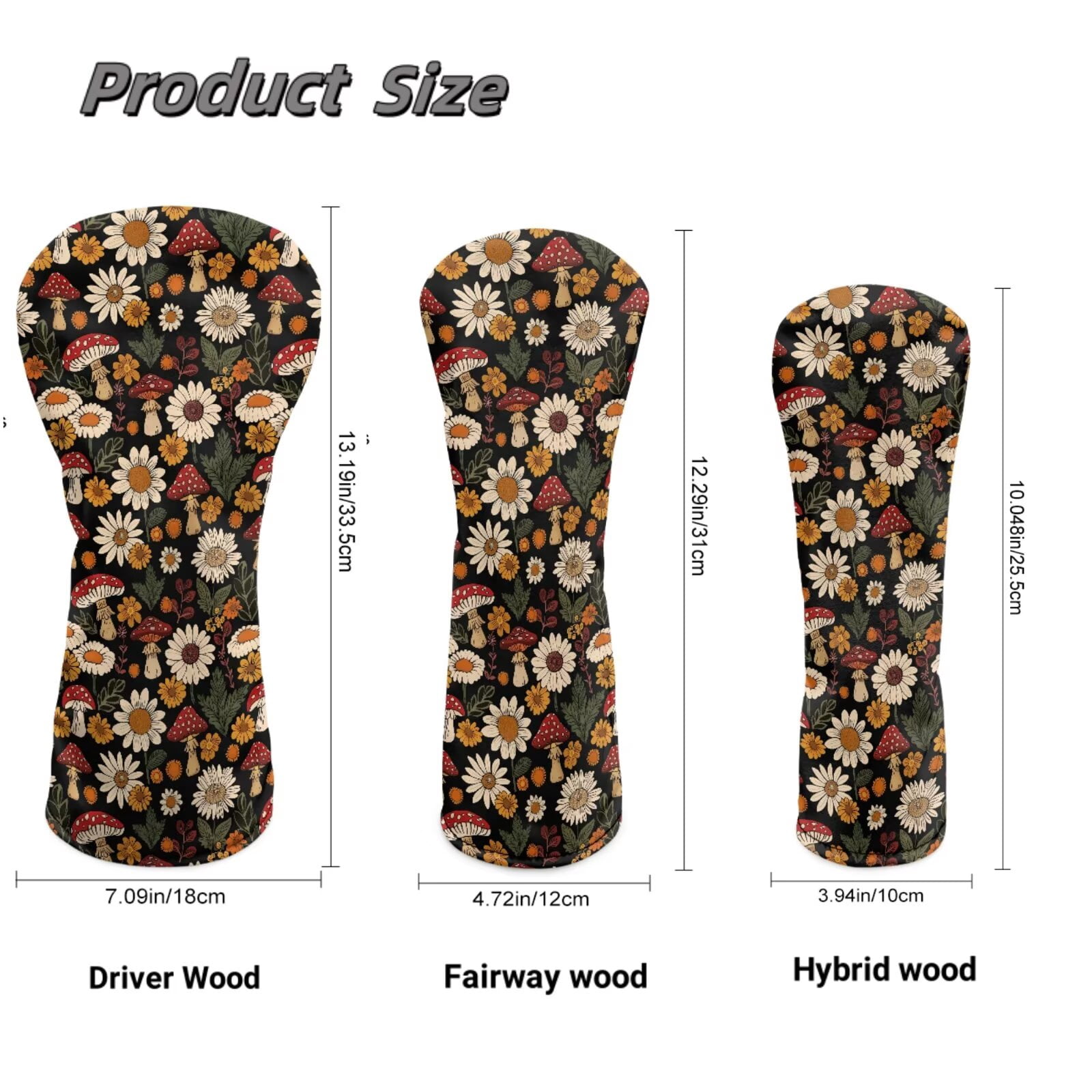 Uorisanigo Golf Club Head Covers for Driver, Fairway Hybrid Woods - Waterproof PU 3 Pieces Aesthetic Mushroom Head Covers for Golf Clubs - with Double Elastic Band Fits Most Size Golfclubs