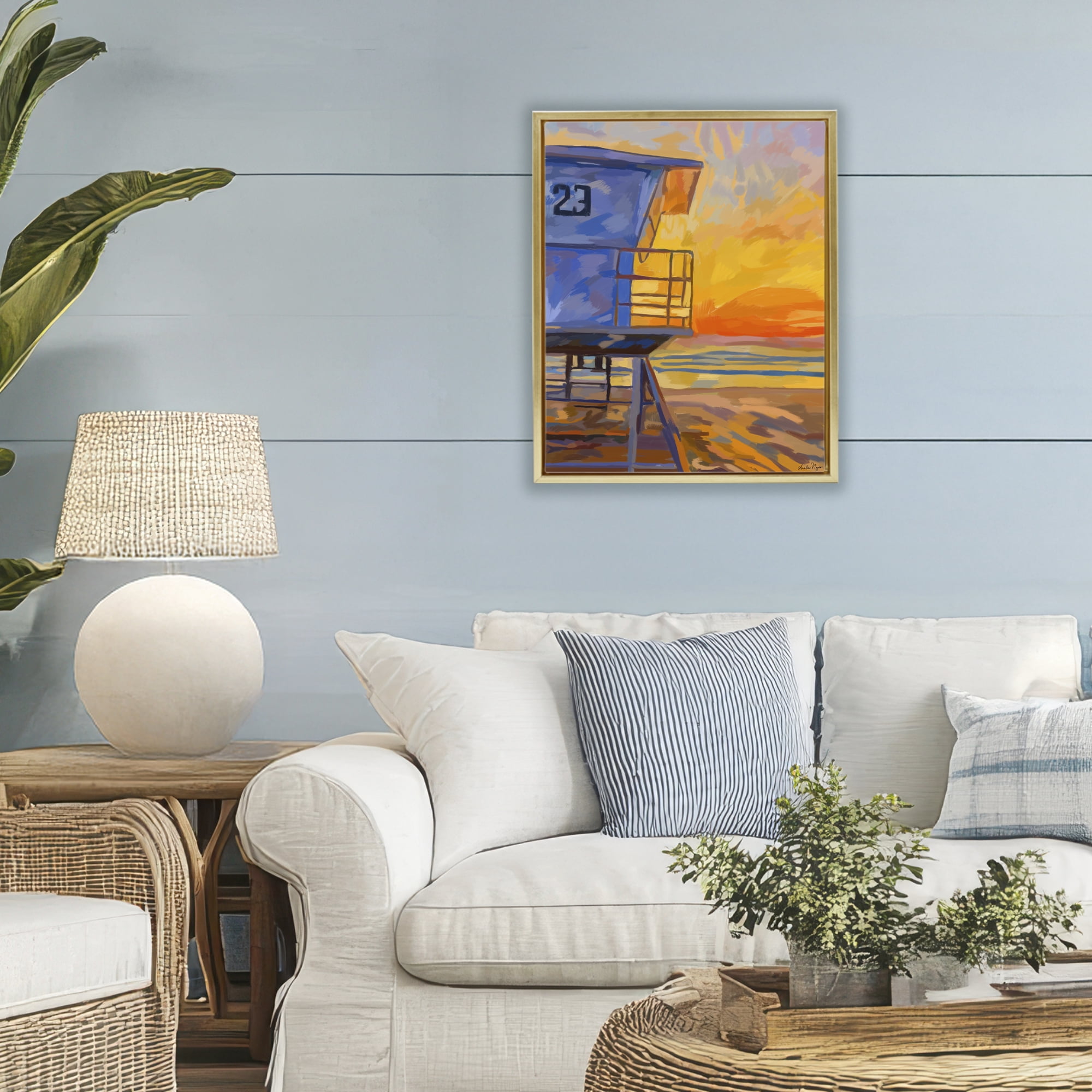 Stupell Industries Lifeguard Stand Sunset Gold Framed Floater Canvas Wall Art, design by Amelia Noyes
