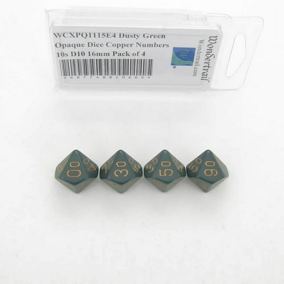 Dusty Green Opaque Dice with Copper Numbers 10s D10 Aprox 16mm (5/8in) Pack of 4 Wondertrail