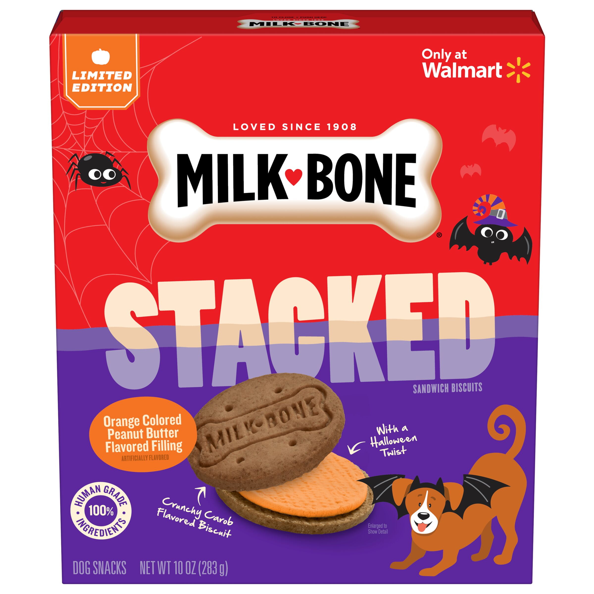 Milk-Bone Stacked Sandwich Biscuits, Carob and Peanut Butter Flavored Halloween Dog Treats, 10 oz. Box