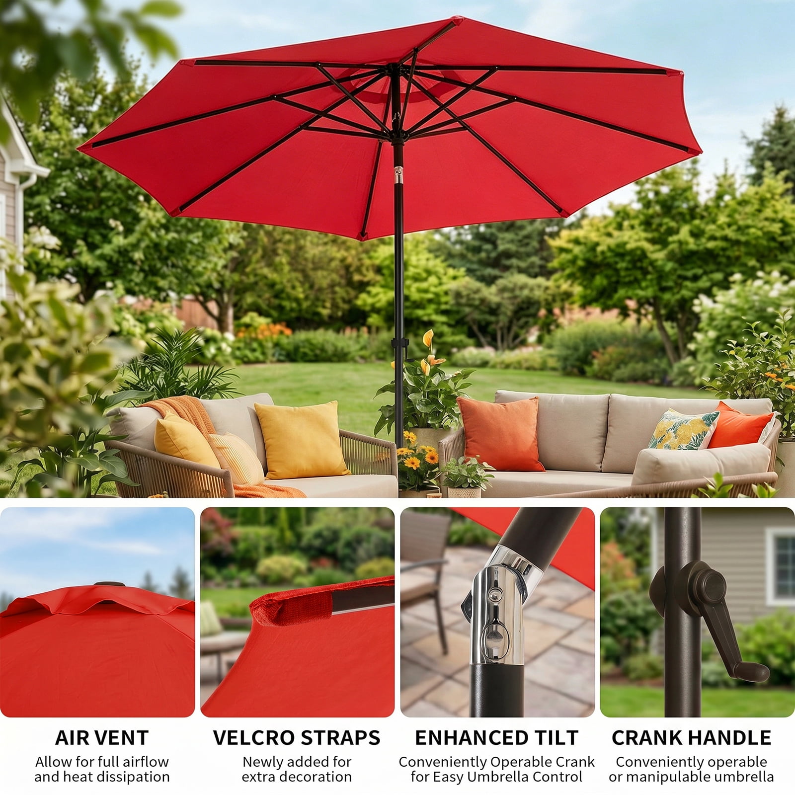 10FT Patio Umbrella (Base Included), 8 Heavy-Duty Ribs, Fade & Waterproof Polyester DTY Canopy for Outdoor Areas: Garden, Deck, Pool & Backyard, Red