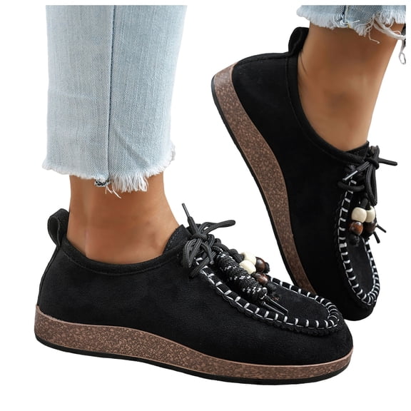 Rokment Womens Vintage Boho Beach Walking Shoes Wide Width Comfortable Beads Casual Suede Arch Support Mary Jane Cork Footbed Platform Oxfords Dress Fashion Sneakers Black Size 6