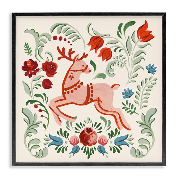 Stupell Industries Festive Floral Reindeer Holiday Painting Black Framed Art Print Wall Art, 12 x 12