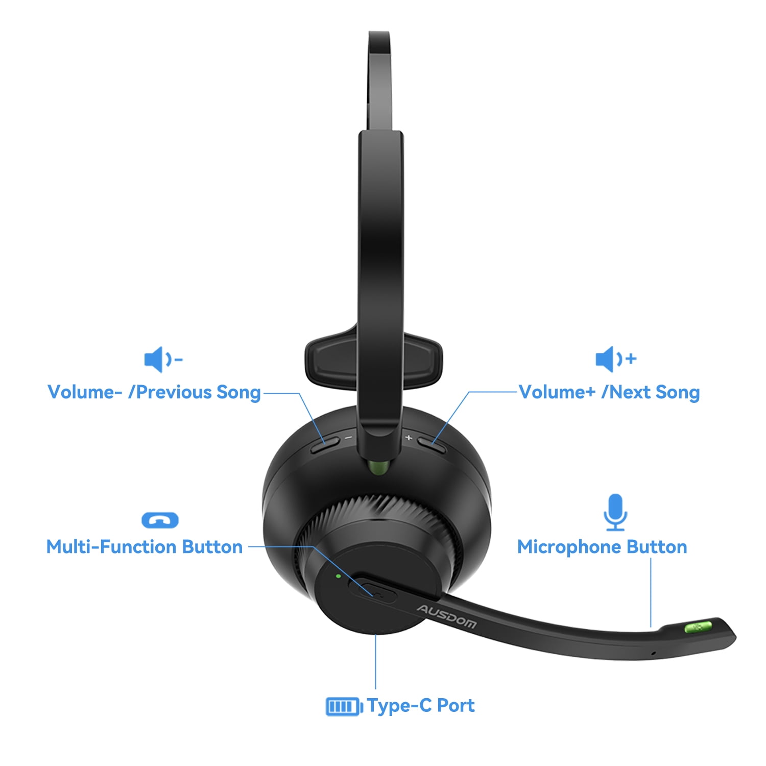 Ausdom Bluetooth Headset with Microphone,Wireless Headset with Noise Canceling Mic for PC,Laptop,Truck Driver,Office,Call Center,32Hrs Talking Time with Charging Cable