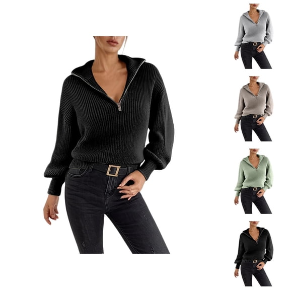 Quarter Zip Pullover Sweaters for Women Long Sleeve Relaxed Fit Casual Collared Knit Polo Sweater Fall Winter Clothes