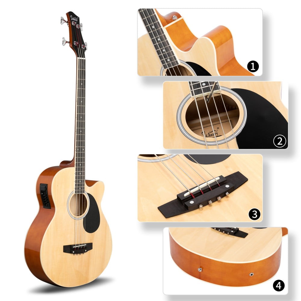 Full Size 4-String Electric Bass Guitar w/ 4-Band Equalizer (EQ-7545R), GMB101 Acoustic Bass Guitar with Carry Bag, Shoulder Strap, Cable and Accessories Pack, 44.55 inch, Burlywood Color