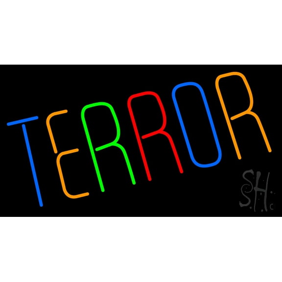 Multicolor Terror LED Neon Sign 13 x 24 - inches, Black Square Cut Acrylic Backing, with Dimmer - Bright and Premium built indoor LED Neon Sign for Defence Force.