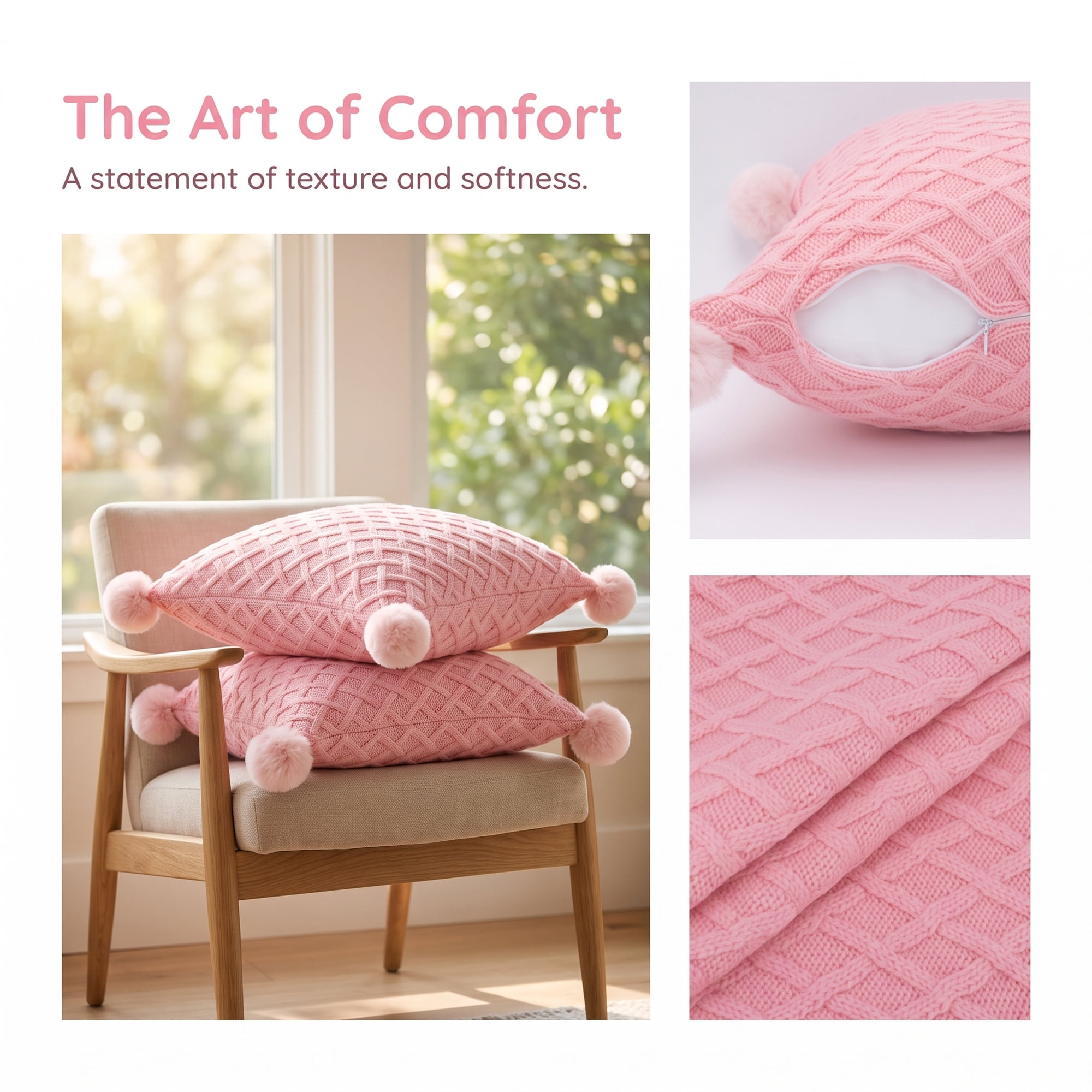 Unique Bargains Textured Knit Throw Pillow Cover Lattice Cushion Case Pink 18" x 18"
