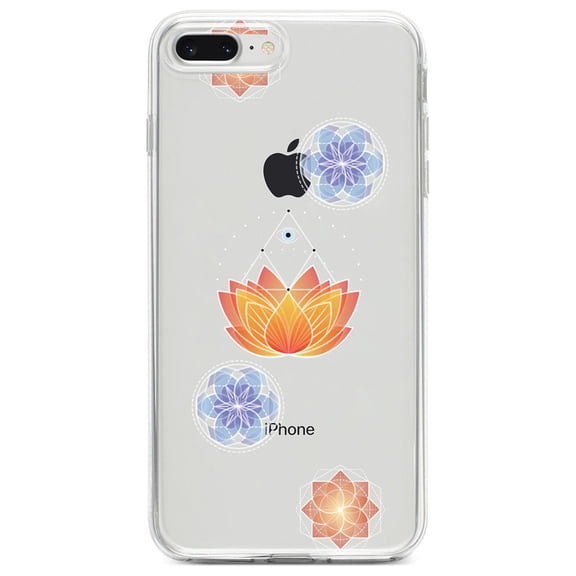 DistinctInk Clear Shockproof Hybrid Case for iPhone 7 PLUS / 8 PLUS (5.5" Screen) - TPU Bumper, Acrylic Back, Tempered Glass Screen Protector - Lotus Flower and Mandalas