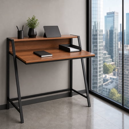 31.5" 2 Tier Small Computer Desk PC Laptop Table, Computer Study Writing Workstation for Home Office, Walnut