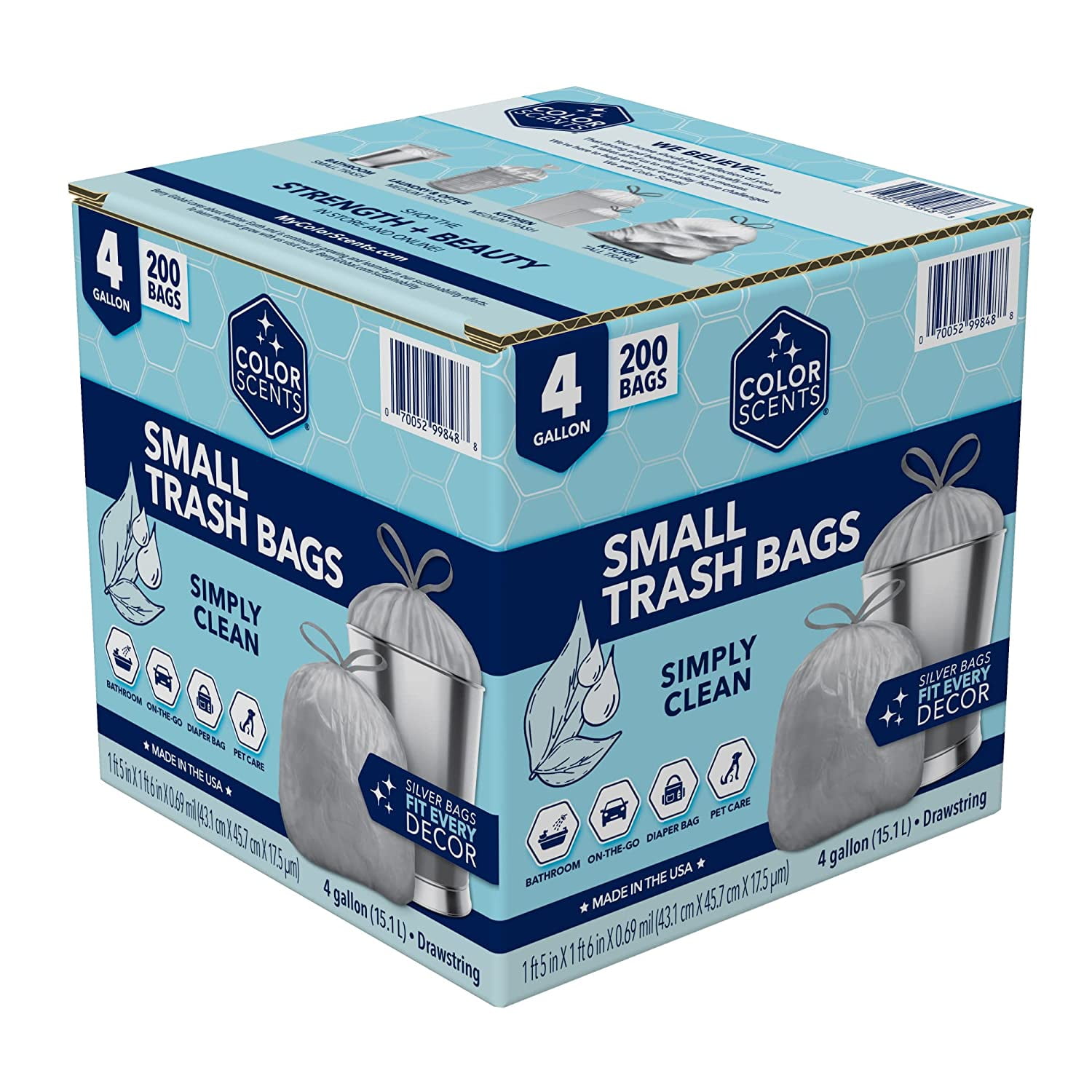 Color Scents Small Trash Bags - 4 Gallon, 40 ct (Pack of 8) Drawstring Linen Fresh, Silver