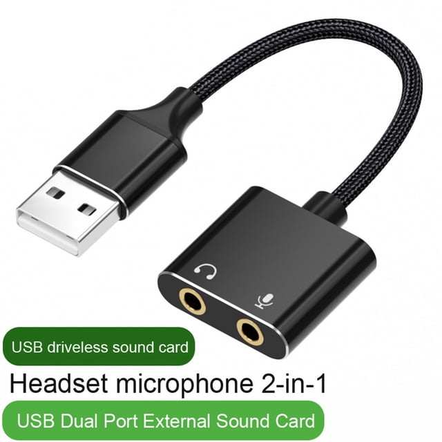 Naierhg USB to 3.5mm Audio Adapter Sound Card 2 in 1 Headphone Microphone Ports Driver Free Audio Conversion Cable Office UseBlack