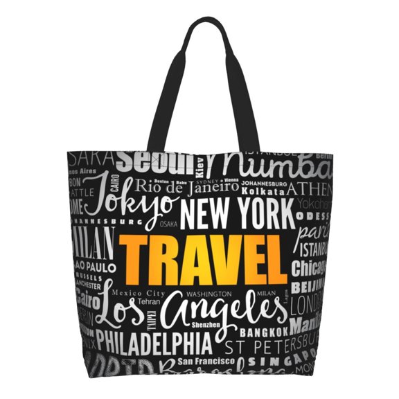 Pofeuu Travel Print Reusable Grocery Bags - Washable, Foldable, Packable Tote, Large Handles, Heavy Duty, Zippered Top Pouch