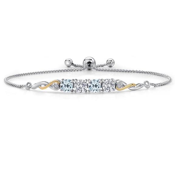 Gem Stone King 925 Silver and 10K Yellow Gold Sky Blue Topaz and White Lab Grown Diamond Bracelet for Women | 2.42 Cttw | Gemstone November Birthstone | Round 5MM | Fully Adjustable 9 inch