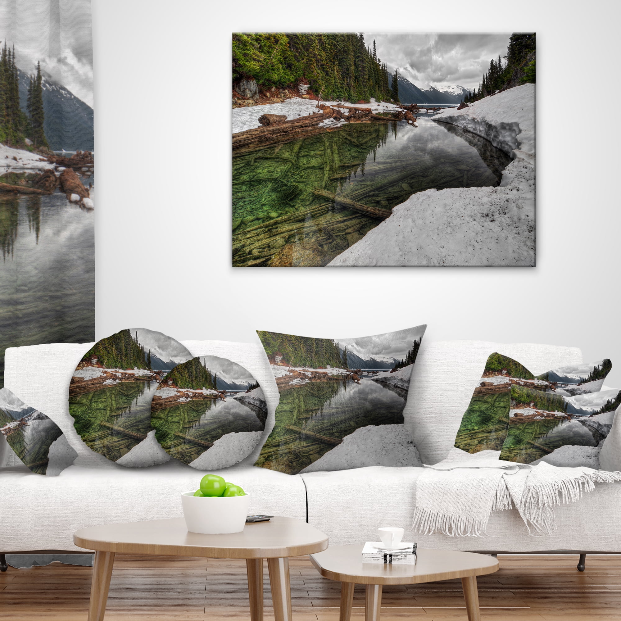 Designart Crystal Clear Lake with Pine Trees - Landscape Printed Throw Pillow - 12x20