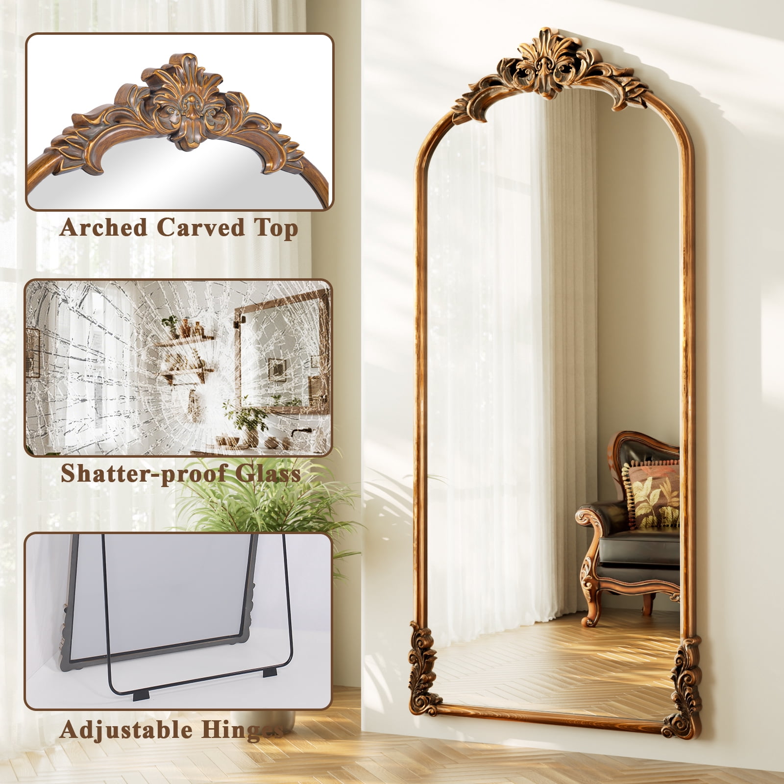 Easy4Home 71"x32" Arched Full-Length Floor Mirror Smooth Arch Top Floral Crest Standing Mirror, Antique Gold