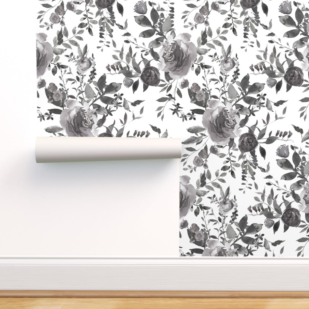 Removable Water-Activated Wallpaper Black And White Floral Cottage Chic Florals 