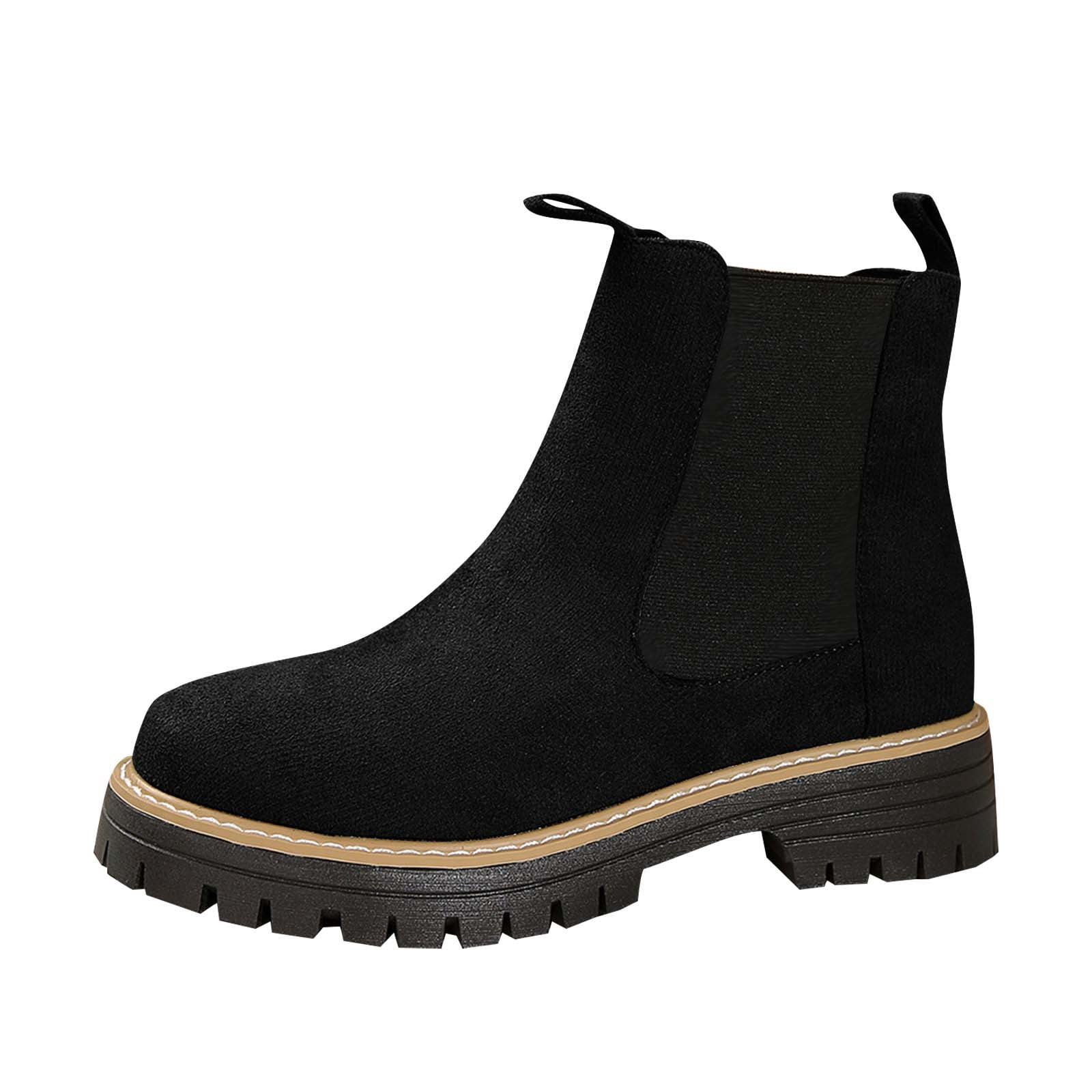 Bottines Larges Pour Femme En Cuir - Fermeture éclair Latérale, Bout Rond, Semelle Compensée, Style Chelsea, Pour Automne/hiver
