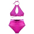 thumbnail image 3 of Linjinx Women Shiny Halter Neck Cut Out Front Crop Top with Shorts Metallic Bikini Set for Rave Party Purple L, 3 of 7