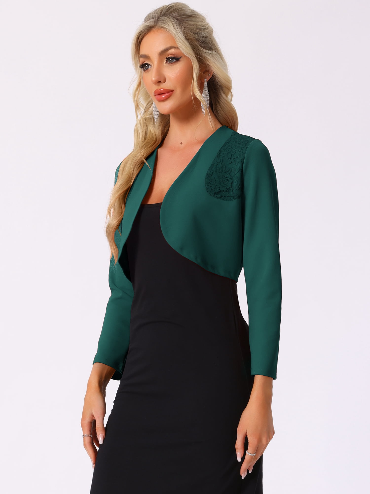 DARING DIVA Women's Elegant Bolero Shrug Lace Insert Crop Cardigan XS Dark Green