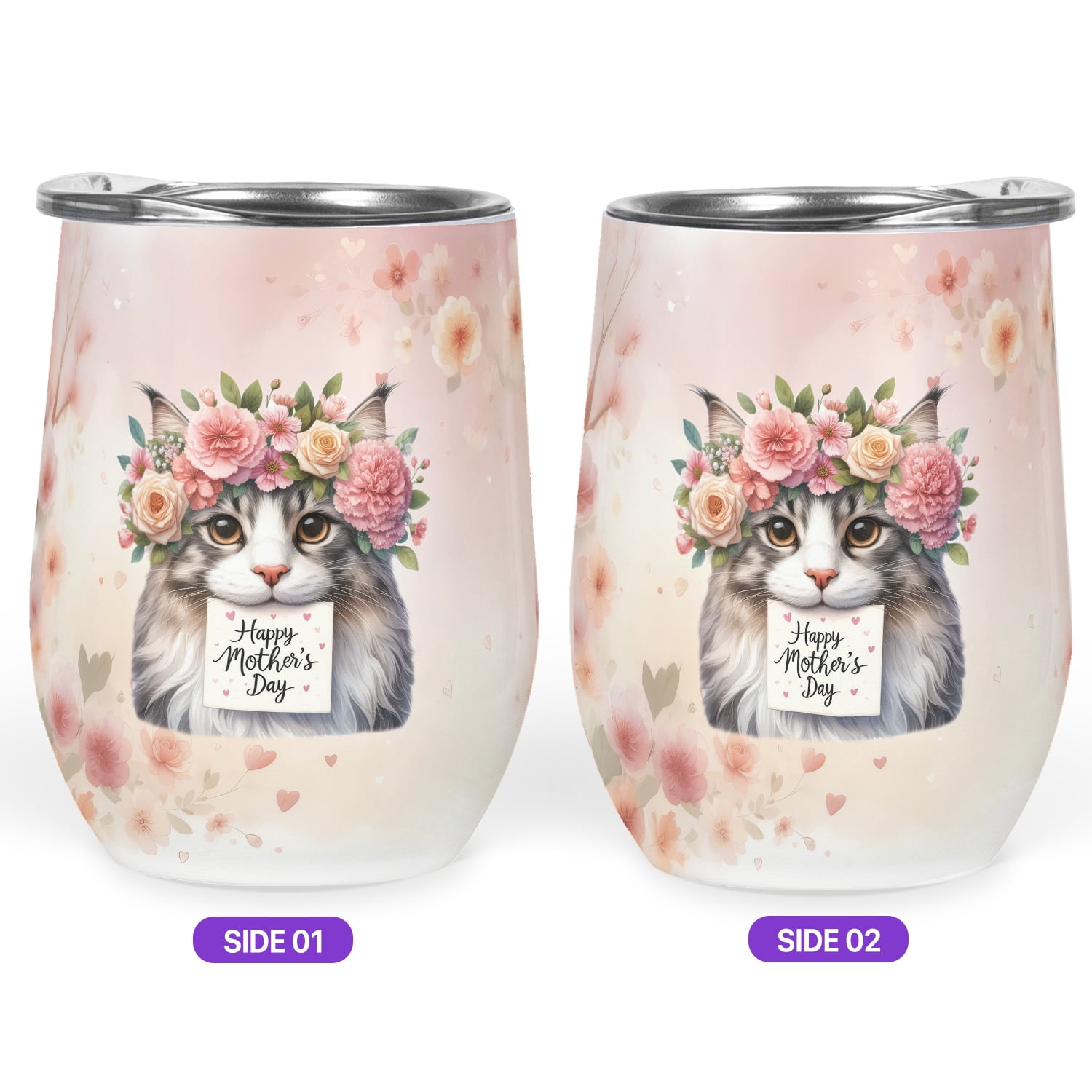 Happy Mother's Day Maine Coon with Flower Crown and Greeting Card 12oz Stainless Steel Wine Tumbler Insulated Cup with Lid Cat Lover Kitten Owner Gifts - 13004