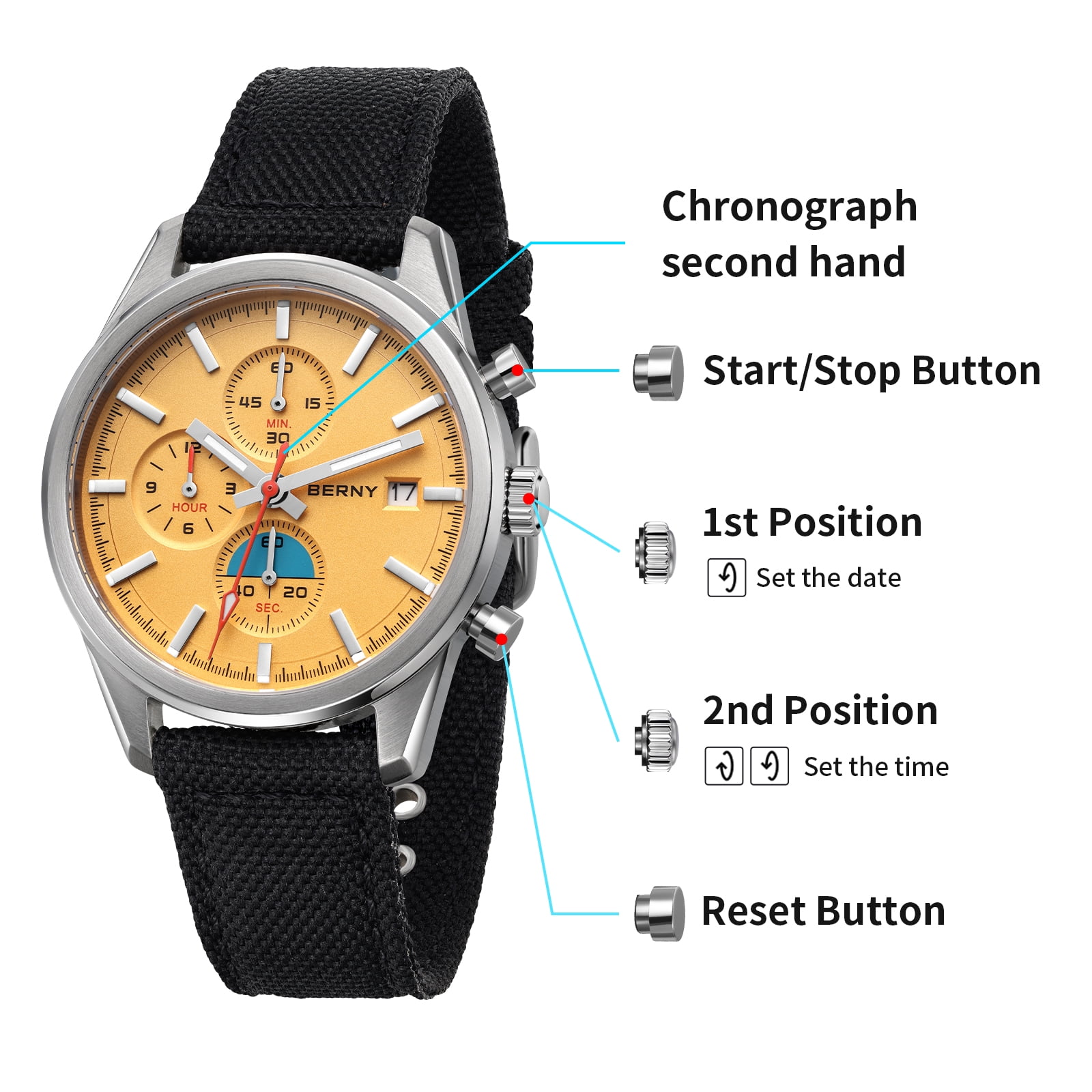 BERNY Mens Watches Analog Quartz Chronograph Watch with Date Canvas Strap Luminous Sapphire Crystal Luxury Fashion Business Casual 50M Waterproof Wrist Watches for Men (Orange)