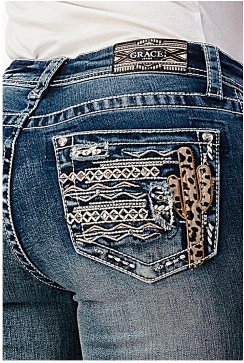 Grace in La Women's Western Cactus Embroidered Embellished Bootcut Stretch Jeans (29)