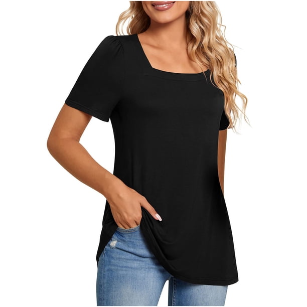 Camisetas informales de verano para mujer, cuello cuadrado, manga corta, túnica, blusas sueltas y cómodas OAVQHLG3B Store lin121212