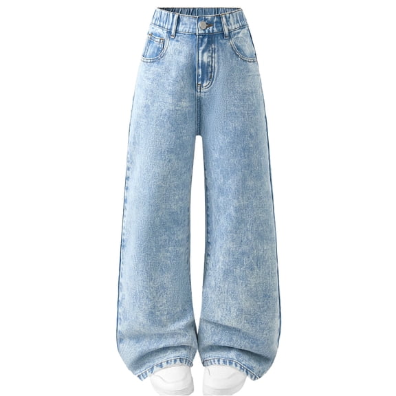 Girls Jeans Wide Leg High Rise with Stretch Waistband - Loose Fit Light Acid Wash Blue Denim Pants for Kids Age 6-13,Size 6-7T