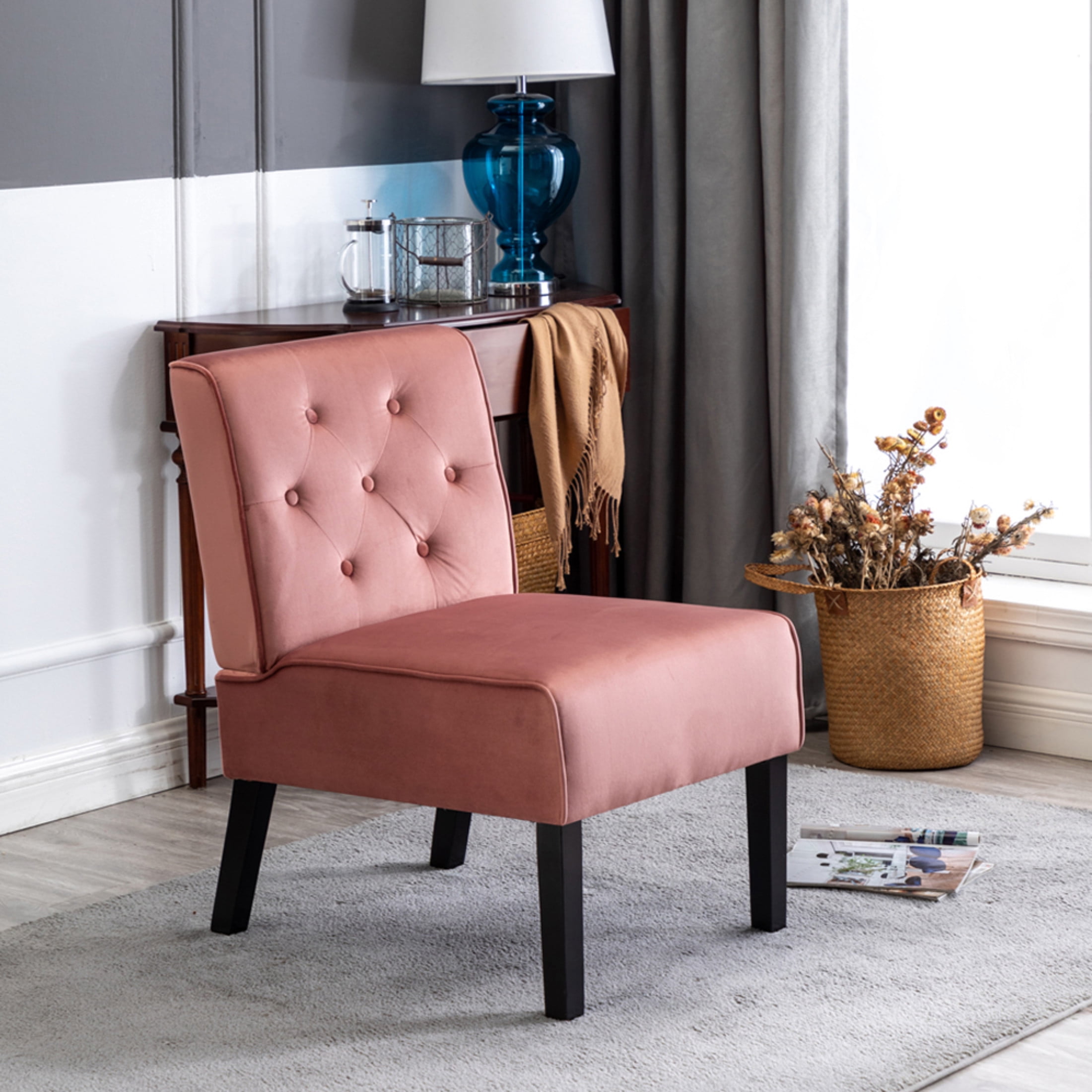 GDF Studio 21" Modern Accent Chairs Set of 2 with Button Tufted Velvet Upholstery, Tapered Wood Legs, Rose