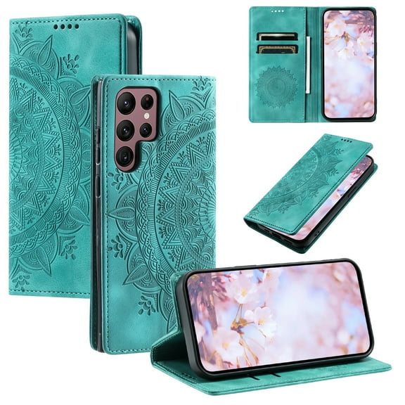 Case for Samsung Galaxy S25 Ultra Wallet Case for Women Girls with Card Holder, Embossed Flower Pattern Magnetic Flip PU Leather Purse Protective Phone Cover for Samsung Galaxy S25 Ultra, Green