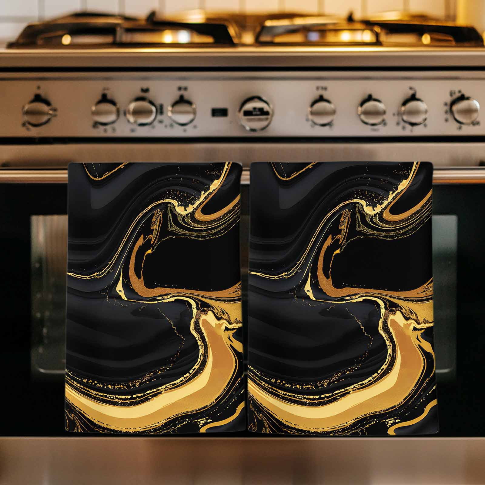 Marble Black Kitchen Towels Set of 3, Vintage Gold Art Abstract Farmhouse Soft Microfiber Dish Towels, Absorbent Quick-Dry Washable Dishcloths for Kitchen Cleaning, Drying Dishes, 18x28 Inches