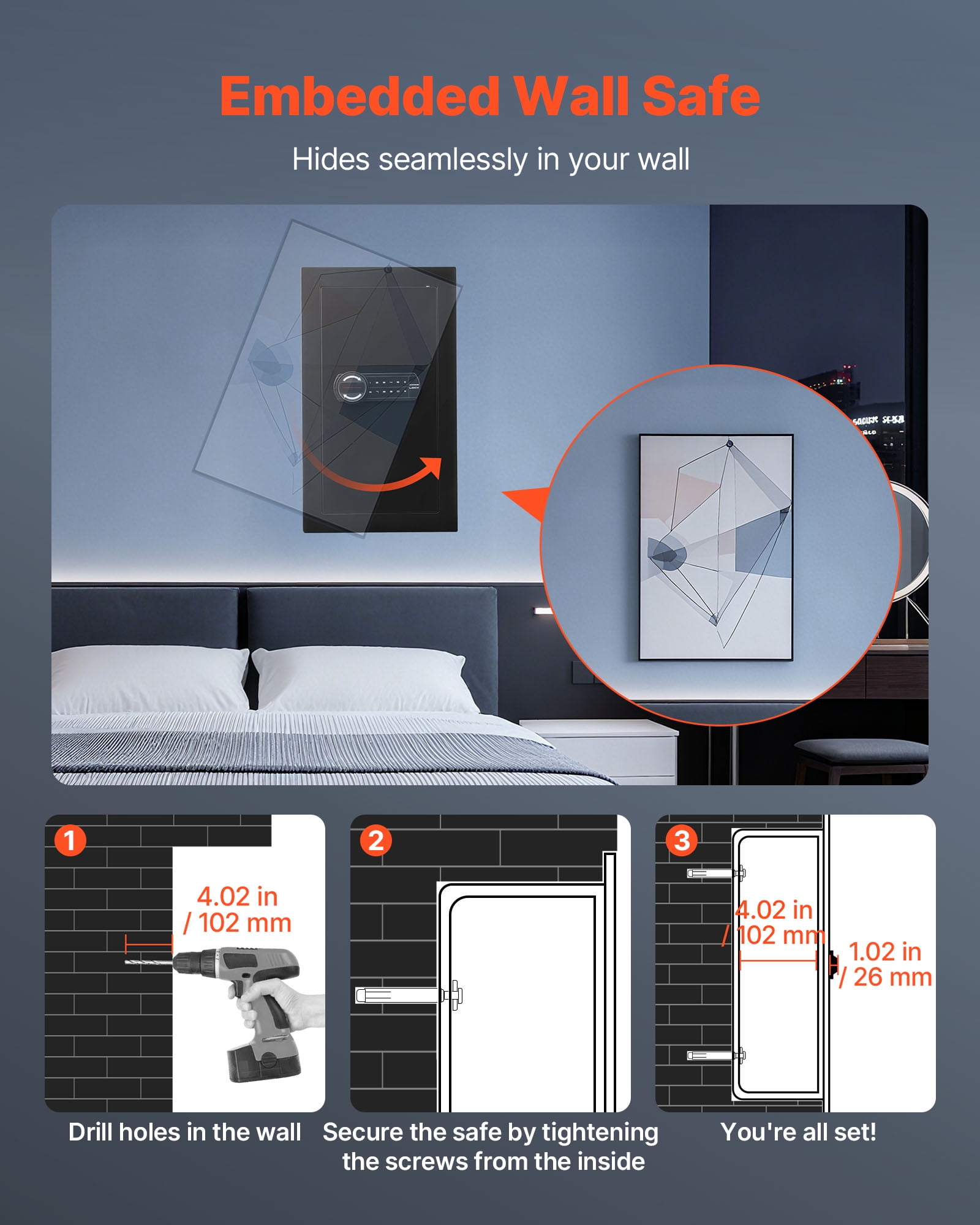 VEVOR Wall Safe, 3-Tier Hidden Wall Mounted Safe with Password & Key, Q235 Cold-Rolled Steel In-Wall Box with LED Lighting, 2 Adjustable Shelves & 5 Key Holders for Money, Jewelry, Passport, Black