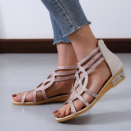 

Tangnade Casual Shoes Fashion Spring And Summer Women Sandals Rhinestone Hollow Fish Mouth Small Wedge Zipper Roman Style