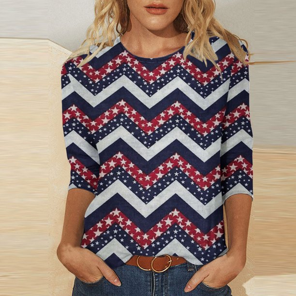 Fiudx Ropa de Mujer Blusa Holgada con Estampado de Independencia y Cuello Redondo Retro de Manga Tres Cuartos a La Moda para Mujer