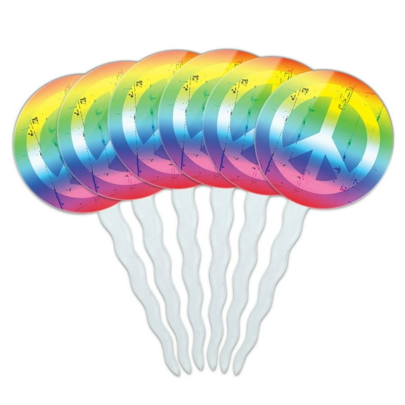 Artsy Peace Sign Symbol Rainbow Cupcake Picks Toppers - Set of 6