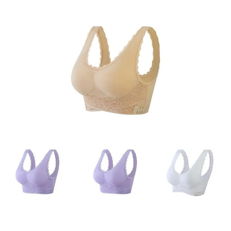 Bigersell Lace Bra and Panty Set 4pc V-Neck Wire-Free Bra Support Women Push up Bras Bralette Bra Style R-184 Basic Bra Strap Nylon Seamless Bra Feature Everyday Bras Underwear White 4XL