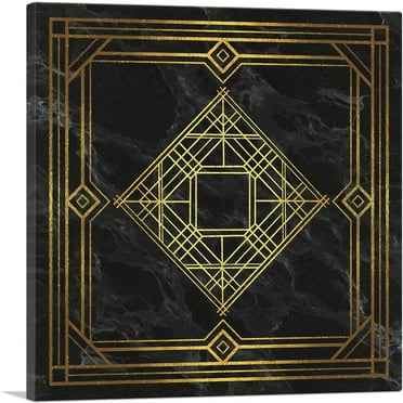 ARTCANVAS Art Deco Yellow Squares Diamonds on Black Canvas Art Print - Size: 18" x 18" (0.75" Deep)