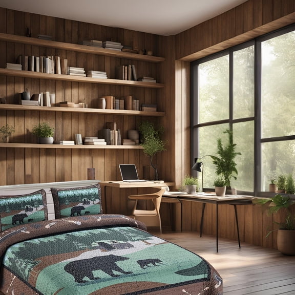 Bear Queen Quilt Set Lodge Cabin Bedding RV Camper Camping Bedspread Coverlet