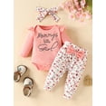 thumbnail image 3 of Bagilaanoe 3pcs Newborn Baby Girl Long Pants Set Letter Print Long Sleeve Romper Tops + Trousers + Headband 3M 6M 9M 12M 18M Infant Casual Outfits, 3 of 9