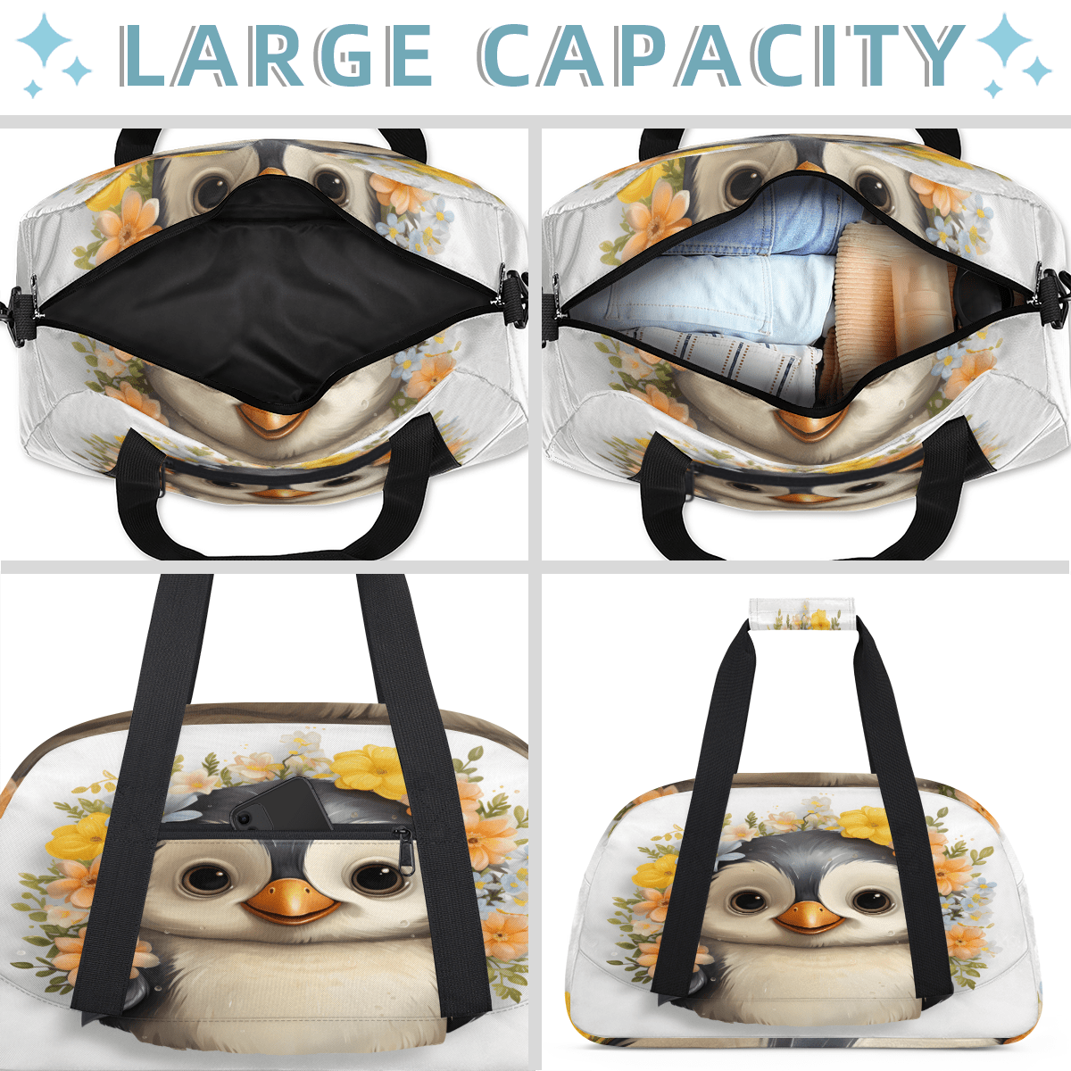 Herdesigns Penguin Sports Duffle Bag for Women & Men, Penguin Gym Bag Dance Bag Overnight Bag Carry On Weekender Travel Bag