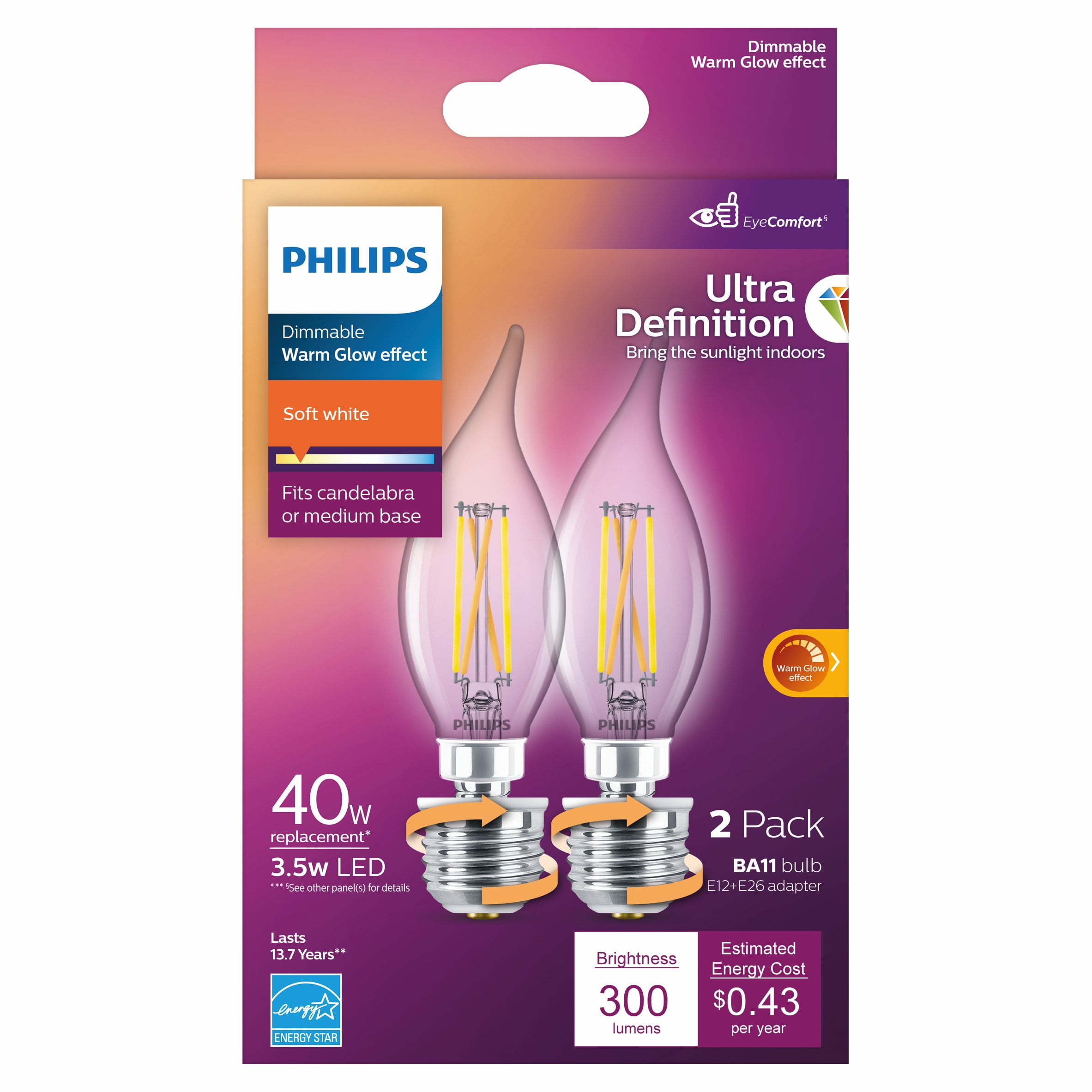 Philips Ultra Definition LED 40-Watt BA11 Filament Candle Light Bulb, Soft White, Dimmable, E26 Medium Base (2-Pack)