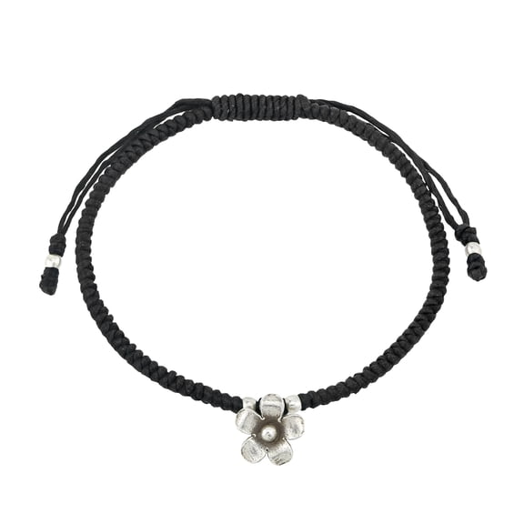 Adorable .925 Sterling Silver Flower Charm Adjustable Black Macrame Bracelet