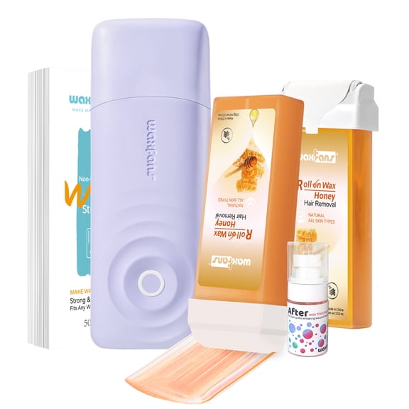 Waxfans Smart Wax Roller Kit, Roll On Wax Kit for Women & Men, Cera Para Depilar at Home Waxing Kit for Body and Legs Hair Removal, with 2 Wax Refills & 50 Wax Strips, Easy & Smooth (Purple)