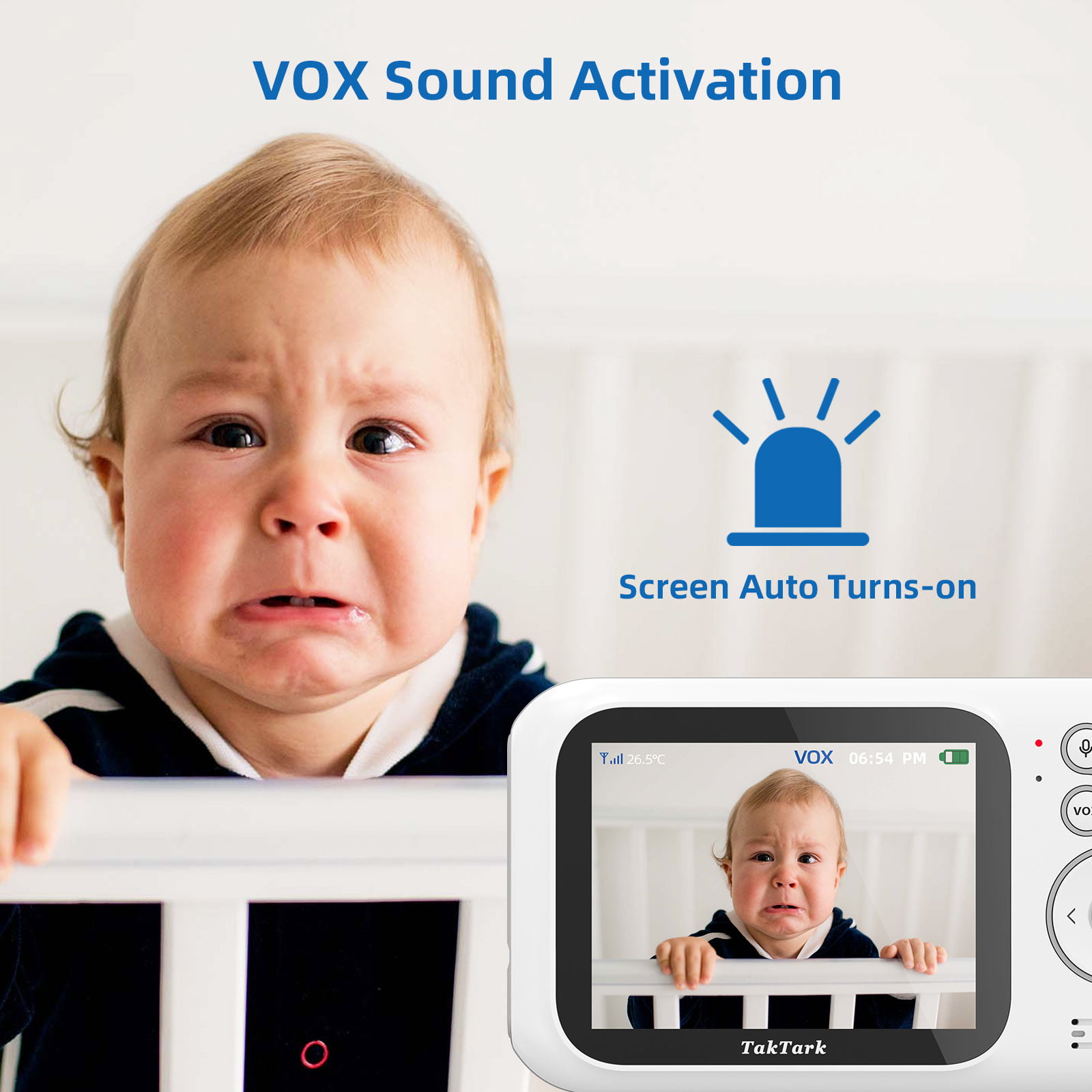 TakTark BM611 Monitor de bebé de 3.2 pulgadas con cámara y audio, audio de  2 vías, visión nocturna, zoom digital, modo VOX, temperatura ambiente