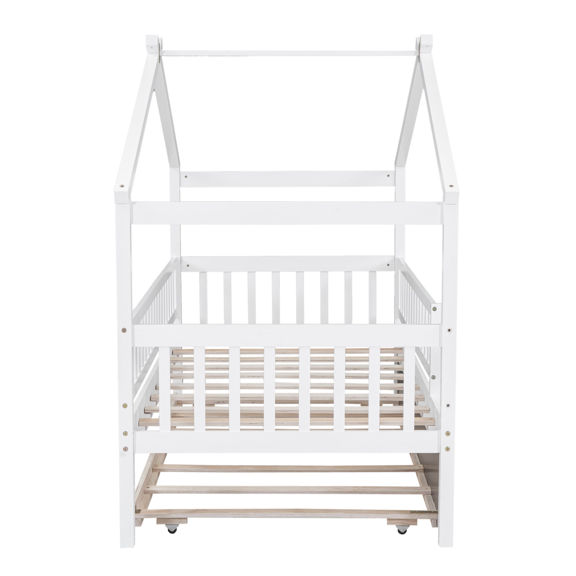 Euroco Twin Size House Bed with Trundle, Canopy Low Profile Bed for Kids, White
